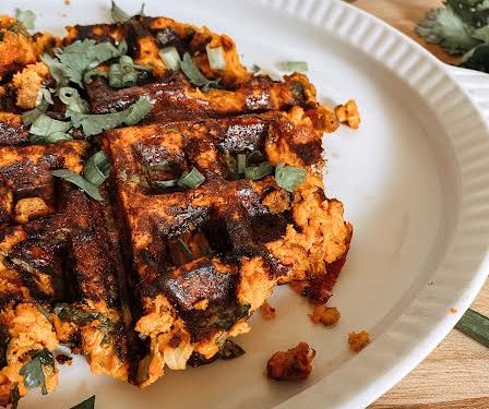 Soyrizo, Spinach Hash Brown Waffles with Sriracha Syrup